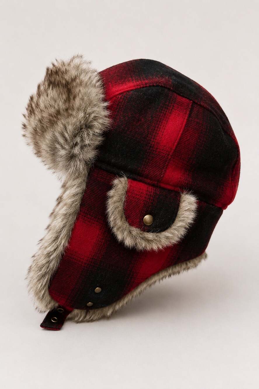 Pendleton Buffalo Plaid Wool Trapper Hat Faux Fur Leather Red Black L/G